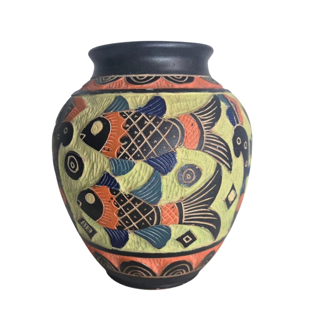 Vintage Okinawa Japan‎ Pottery Vase Hand Carved Double Sided RARE Multicolored